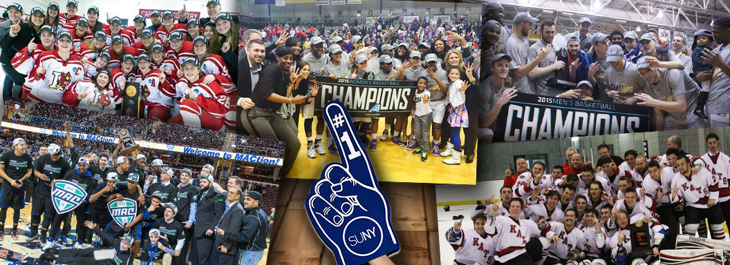 2015 winter sports team champions from SUNY - UAlbany mens and womens basketball, UBuffalo mens basketball, Plattsburgh womens hockey, Erie CC mens hockey.