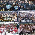 Collage of SUNY championship teams in basketball and hockey from the 2015 winter season.