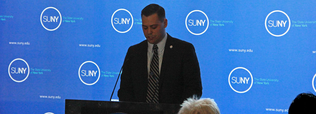 Thomas Mastro speaks after being sworn in as Student Assembly president and member of SUNY Board of Trustees